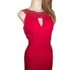 Muse Pink Sleeveless Midi Dress Size 8 Beaded Jeweled V Scoop Neck Embossed